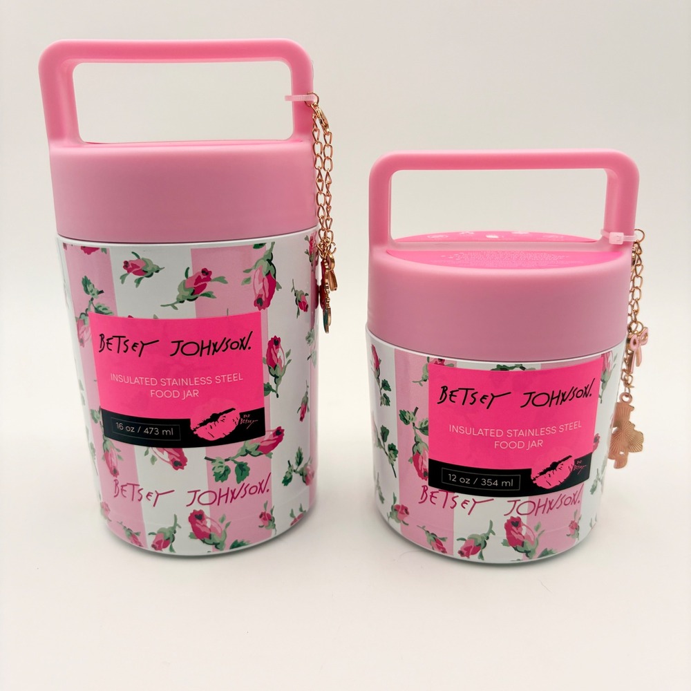 Betsey Johnson Pink Rose Insulated Stainless Steel Food Jar Set 16oz 12oz